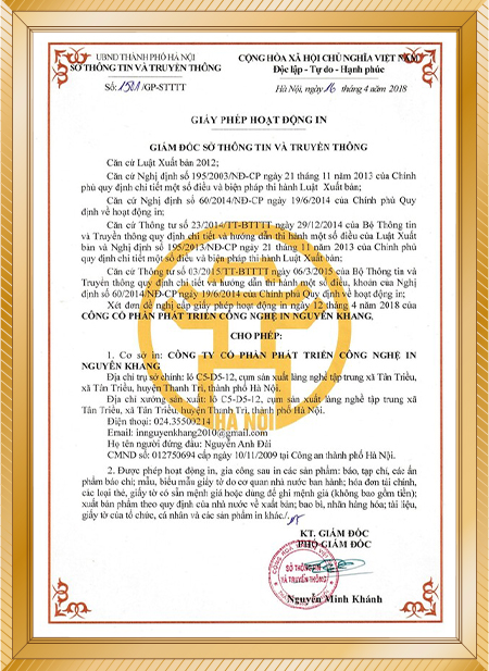 Công Ty Cổ Phần Phát Triển Công Nghệ In Nguyên Khang